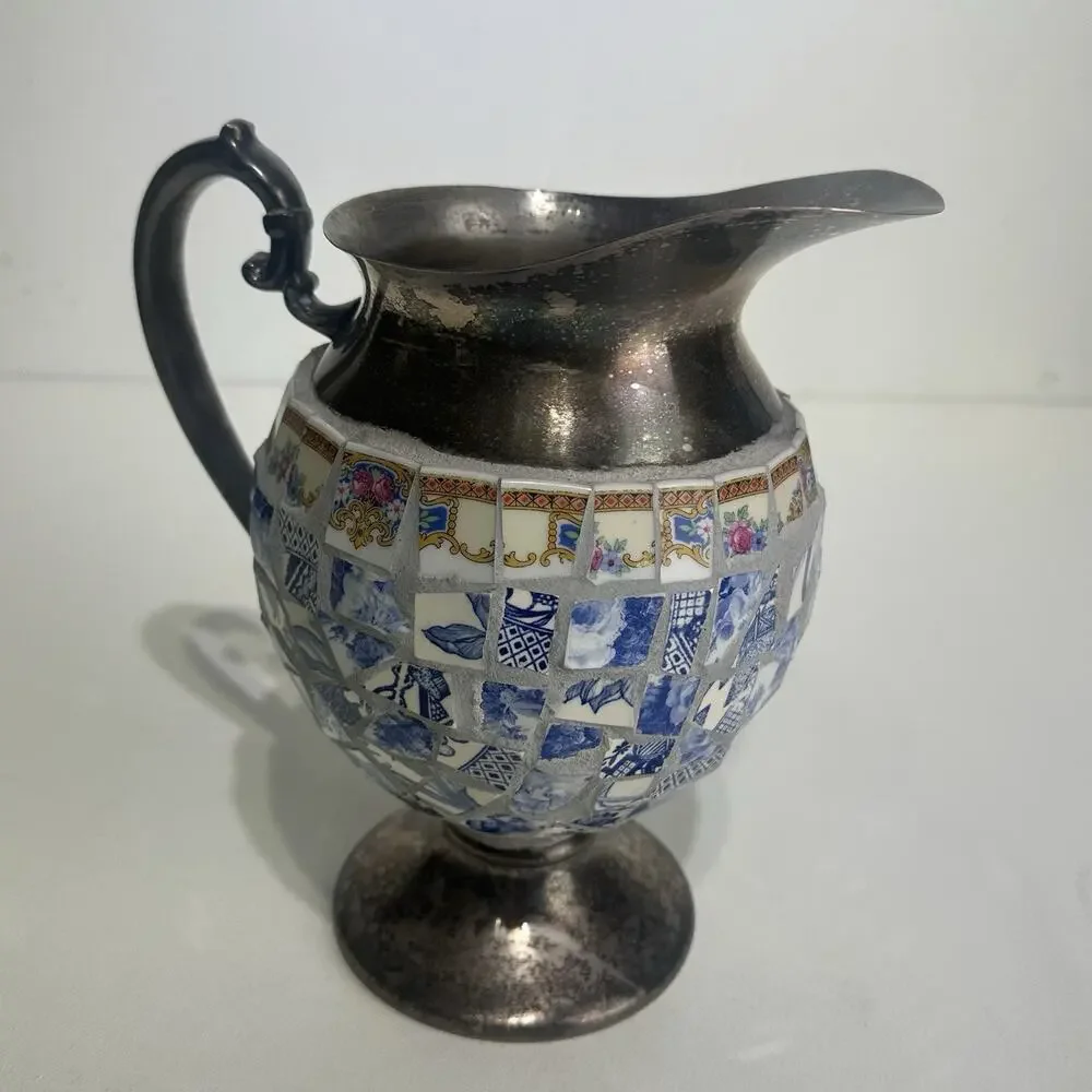 silver plated pique assiette mosaic Ceramic Tile footed pitcher Handmade Decor